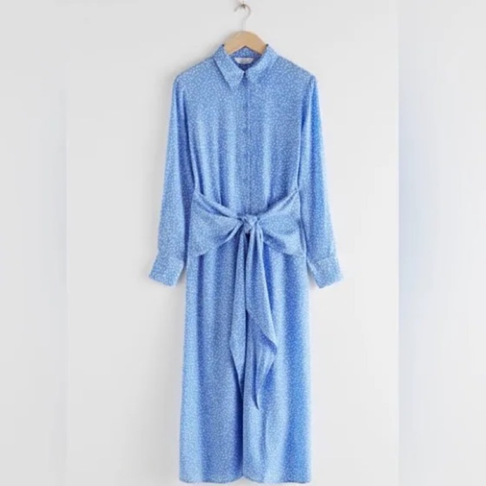 & Other Stories Blue Polka Dot Waist Tie Midi Dress